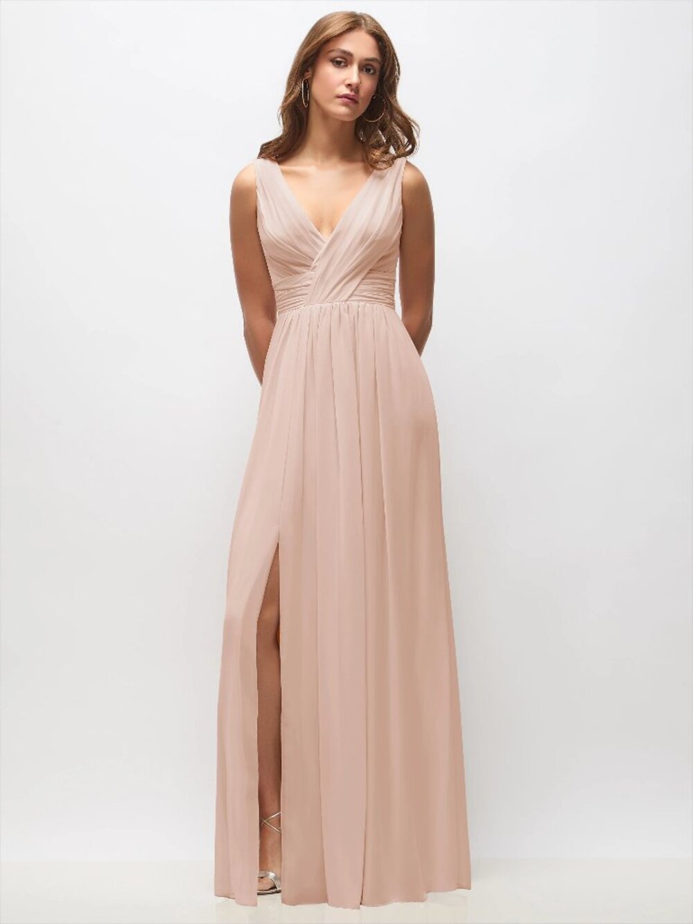 Dessy 2894..Sleeveless Draped Chiffon Maxi Dress with Front Slit...Cameo...Sz 6